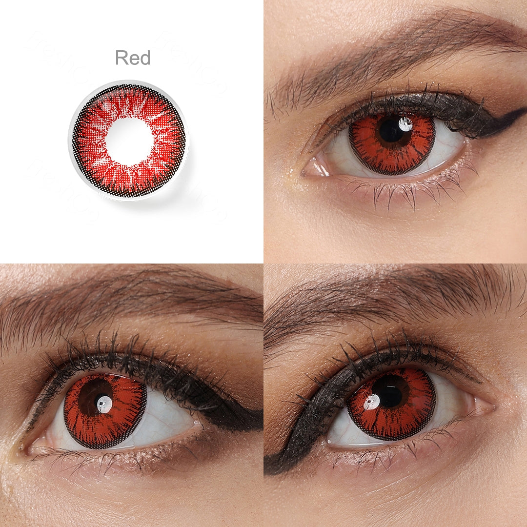 Grid display of 1 shade of Nonno Cosmetic Contacts, which is Red,with a close-up view of the lens pattern and the effect on a brown-eyed model in 3 different angel.