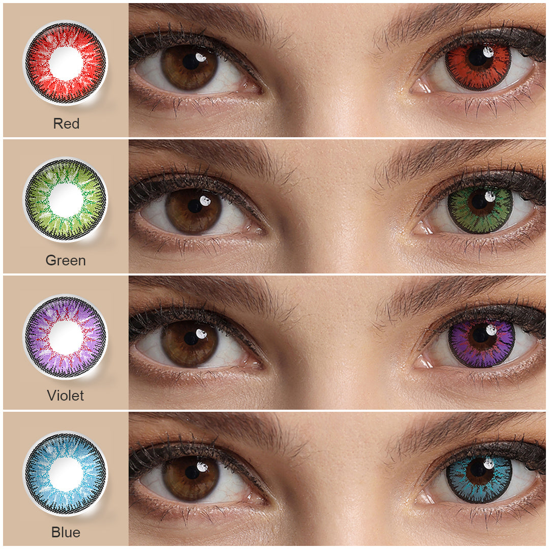 A display of Nonno colored contact lenses in Violet, Green, Blue, Gray, Hazel, Red, Brown, each shown both as a lens swatch and wearing comparison in a close-up of a model's eye , with the color names labeled beneath each image.
