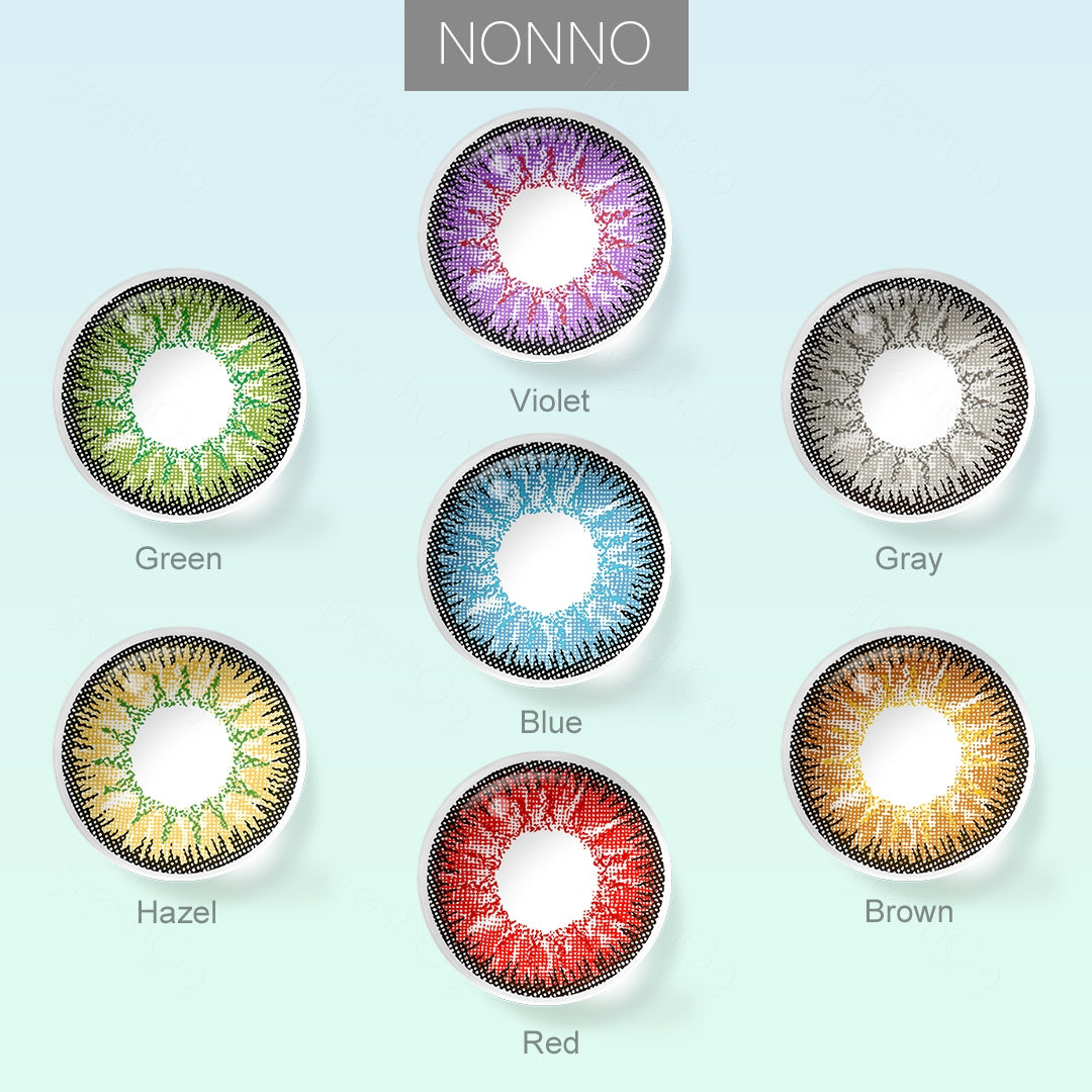 Grid layout of Nonno colored contact lenses in vaNonnous shades with each lens' color name: Violet, Green, Blue, Gray, Hazel, Red, Brown with close-up insets highlighting the natural and enhanced eye colors available., on a soft gradient background.