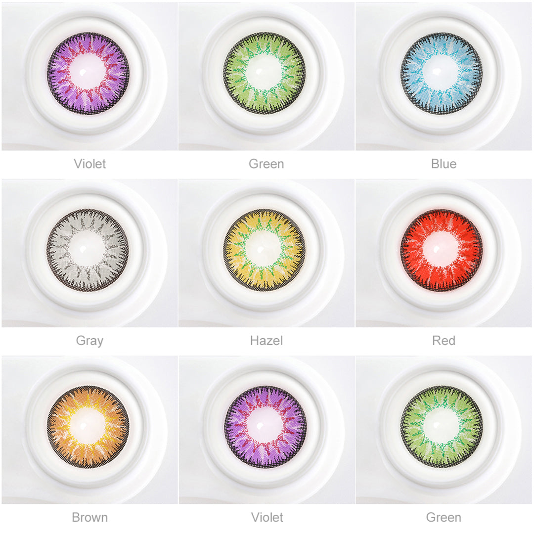 Array of Nonno contact lenses in a white case, showcasing five colors:Violet, Green, Blue, Gray, Hazel, Red, Brown. Each lens is labeled with its color name beneath the case.