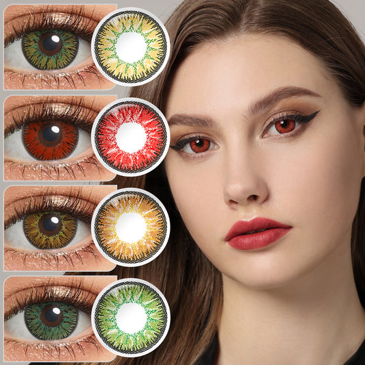 A brown-eyes model showcasing Nonno natural colored contact lenses, display the eyes effect of Violet, Green, Blue, Gray, Hazel, Red, Brown with close-up insets highlighting the natural and enhanced eye colors available.