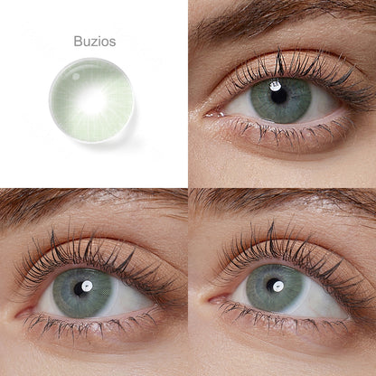 Grid display of 1 shade of RIO Cosmetic Contacts, which is Buzios,with a close-up view of the lens pattern and the effect on a brown-eyed model in 3 different angel.