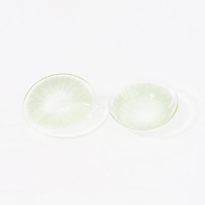 2 pcs lenses of RIO contact lenses on a white surface, showing the details of the lens pattern from the front and back
