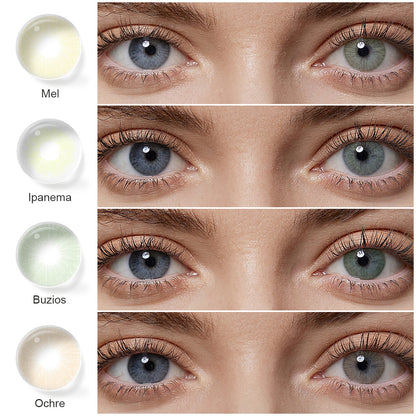 A display of RIO colored contact lenses in Copacabana, Parati, Buzios, Ipanema, Ochre, each shown both as a lens swatch and wearing comparison in a close-up of a model's eye , with the color names labeled beneath each image.