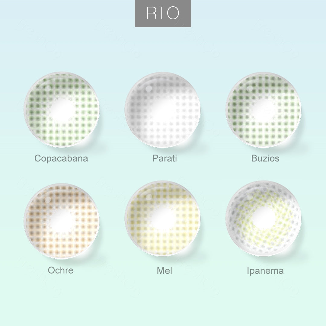 Grid layout of RIO coloreme: Parati, Buzios, Ipanemd contact lenses in various shades with each lens' color naa, Ochre, with close-up insets highlighting the natural and enhanced eye colors available., on a soft gradient background.
