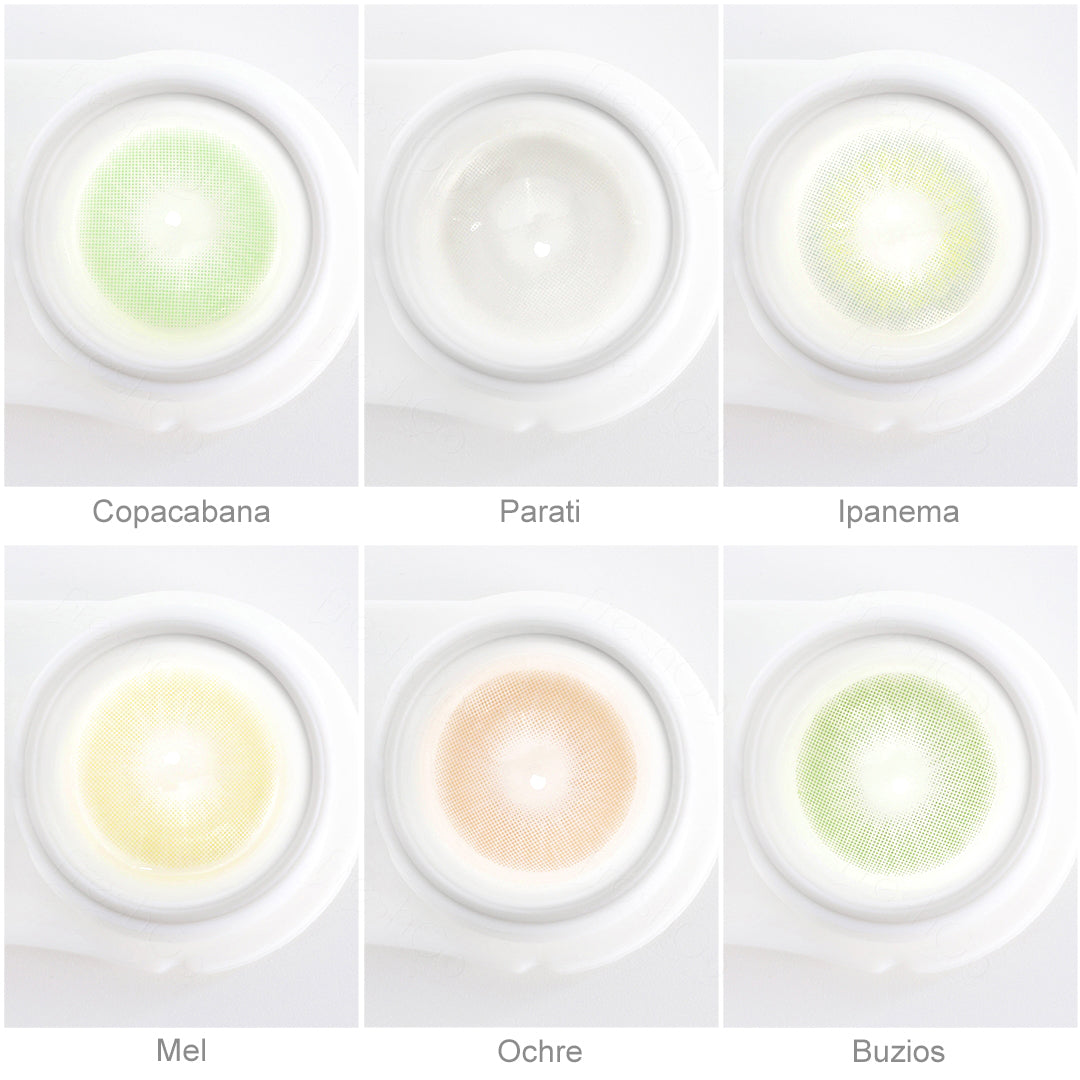 Array of RIO contact lenses in a white case, showcasing five colors:Copacabana, Parati, Buzios, Ipanema, Ochre, Each lens is labeled with its color name beneath the case.