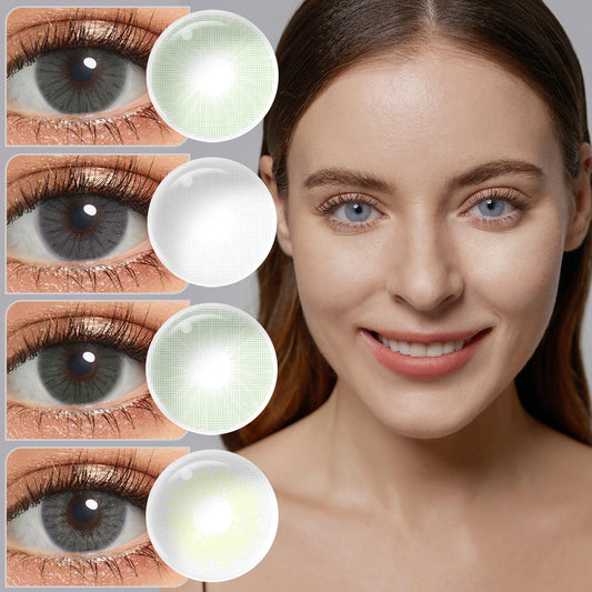 A model showcasing RIO natural colored contact lenses, display the eyes effect of Copacabana, Parati, Buzios, Ipanema, Ochre, Mel with close-up insets highlighting the natural and enhanced eye colors available.