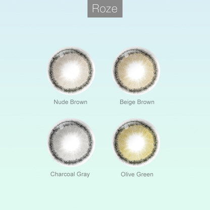 Grid layout of ROZE colored contact lenses in various shades with each lens' color name: Nude Brown, Beige Brown, Charcoal Gray and Olive Green, on a soft gradient background.