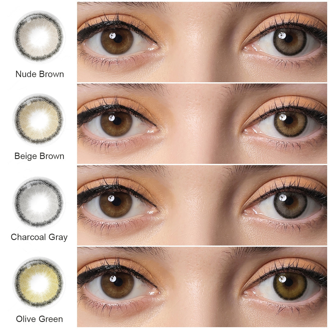 A display of Roze colored contact lenses in Nude Brown, Beige Brown, Charcoal Gray and Olive Green, each shown both as a lens swatch and wearing comparison in a close-up of a model's eye , with the color names labeled beneath each image.