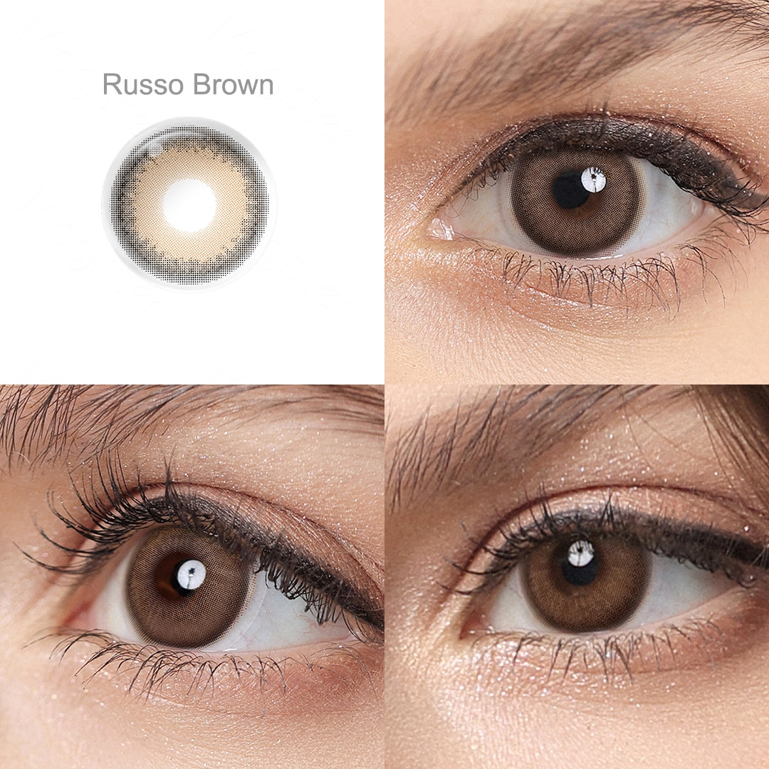Grid display of 1 shade of Russo colored contacts, which is Russo Brown,with a close-up view of the lens pattern and the effect on a brown-eyed model in 3 different angel.