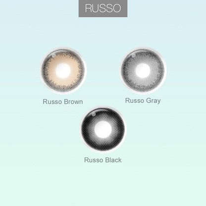 Grid layout of Star colored contact lenses in various shades with each lens' color name: Russo Brown , Russo Gray , Russo Black , on a soft gradient background.