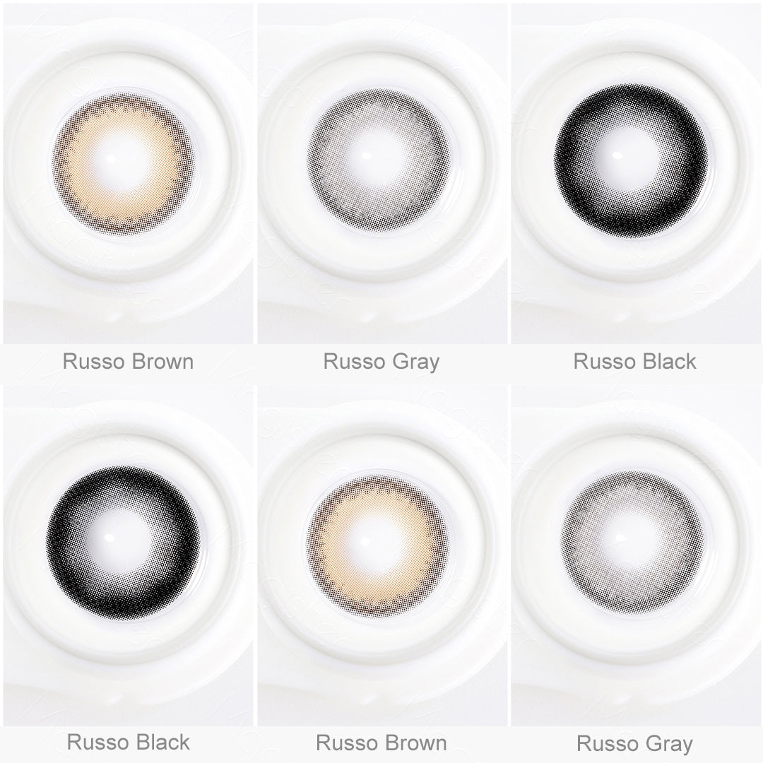 Array of Russo contact lenses in a white case, showcasing twelve colors:Russo Brown , Russo Gray , Russo Black. Each lens is labeled with its color name beneath the case.