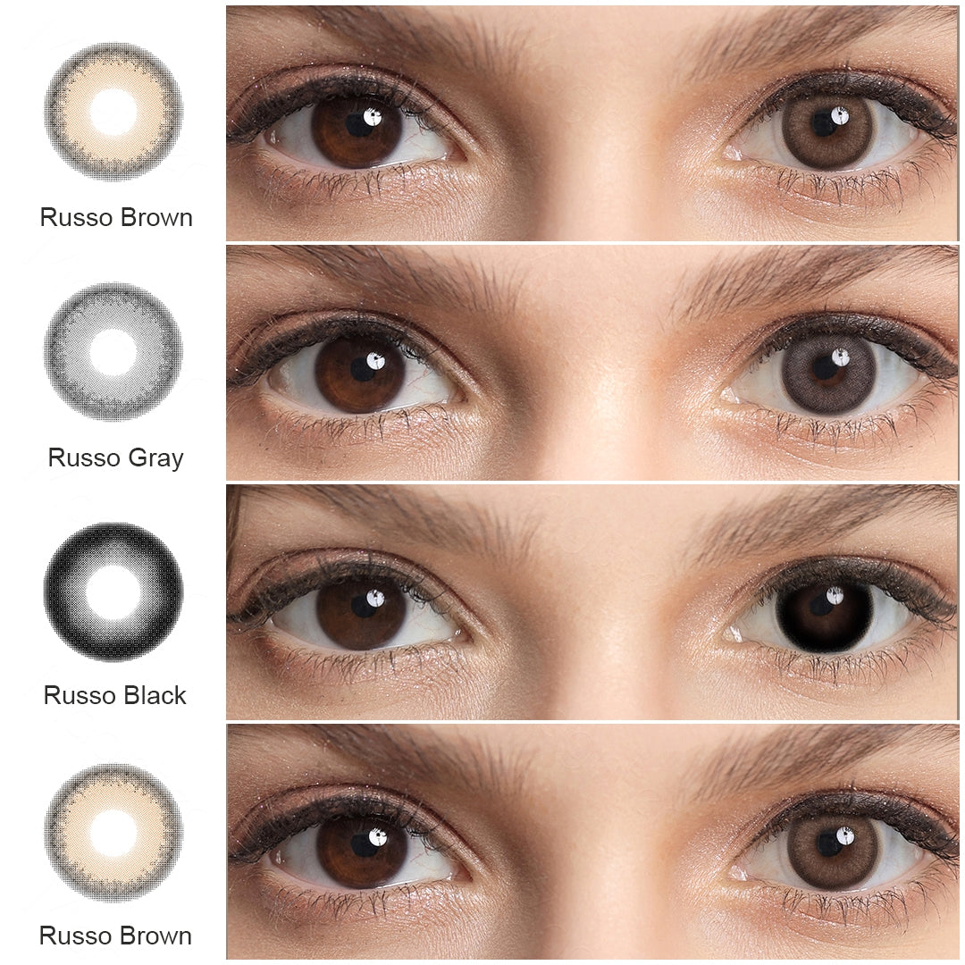 A display of Russo colored contact lenses in  Russo Brown , Russo Gray , Russo Black, each shown both as a lens swatch and wearing comparison in a close-up of a model's eye , with the color names labeled beneath each image.