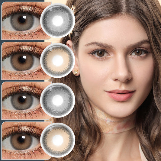 A brown-eyes model showcasing Rusoo natural colored contact lenses, display the eyes effect of  Russo Brown , Russo Gray , Russo Black with close-up insets highlighting the natural and enhanced eye colors available.