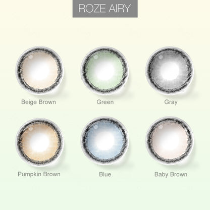 Grid layout of Roze Airy colored contact lenses in various shades with each lens' color name: Beige Brown, Green, Gray, Pumpkin Brown, Blue and Baby Brown, on a soft gradient background.