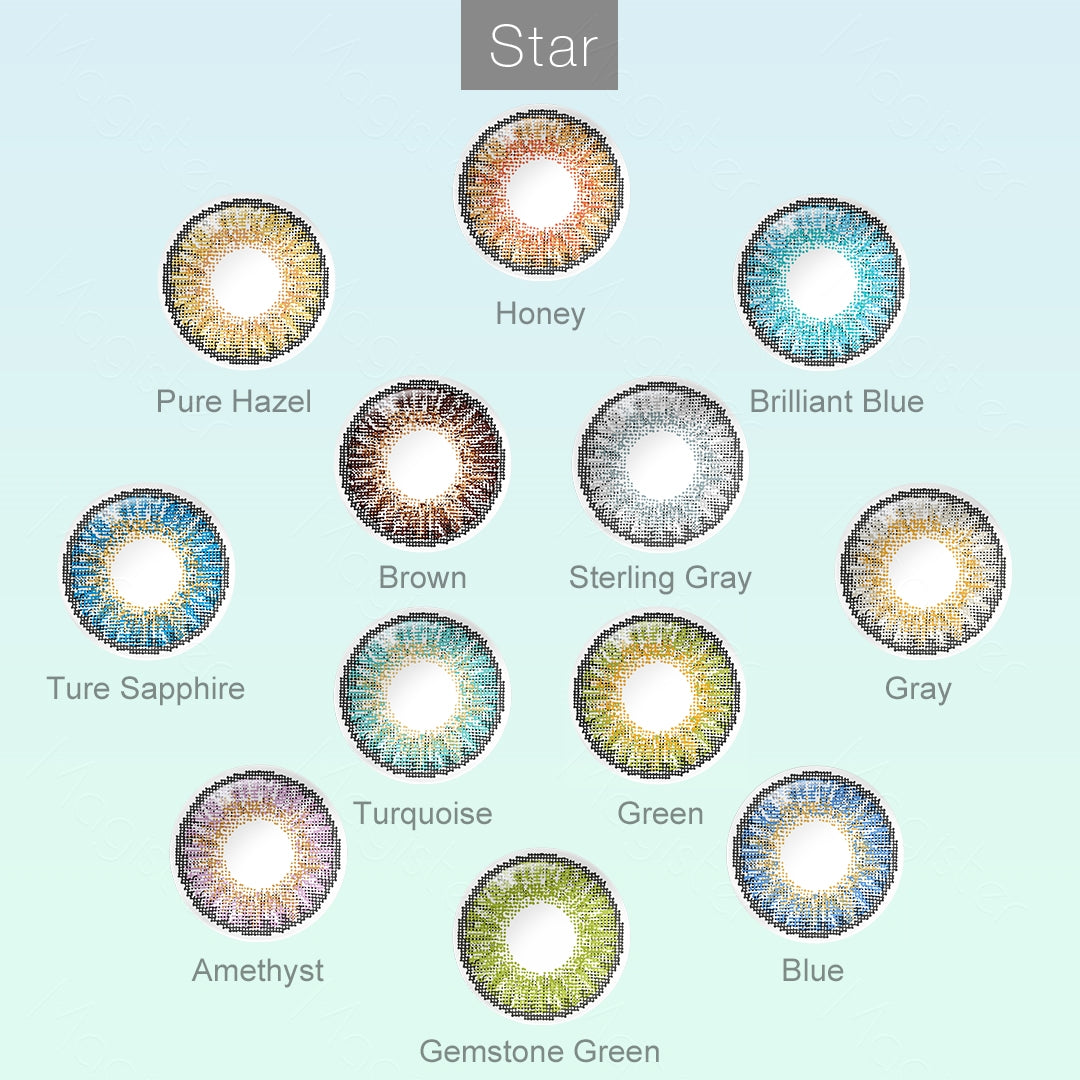 Grid layout of Star colored contact lenses in various shades with each lens' color name:Honey，Pure Hazel，Gray，Amethyst，Green，Brown，Sterling Gray，Gemstone Green，Brilliant Blue，Turquoise，True Sapphire，Blue , on a soft gradient background.