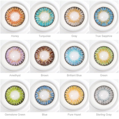 Array of Star contact lenses in a white case, showcasing twelve colors:Honey，Pure Hazel，Gray，Amethyst，Green，Brown，Sterling Gray，Gemstone Green，Brilliant Blue，Turquoise，True Sapphire，Blue. Each lens is labeled with its color name beneath the case.