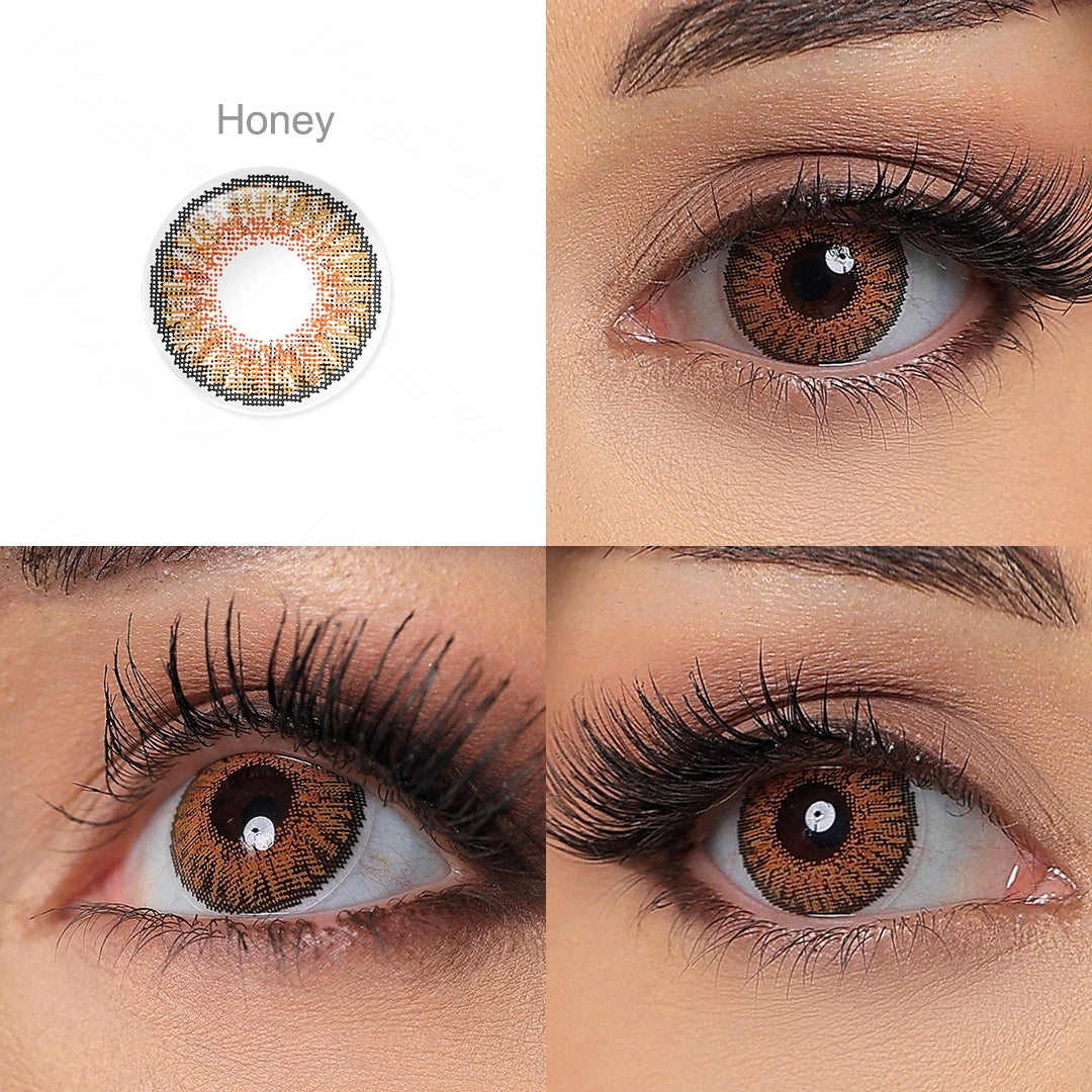 Grid display of 1 shade of Star 3 tone colored contacts, which is Honey ,with a close-up view of the lens pattern and the effect on a brown-eyed model in 3 different angel.