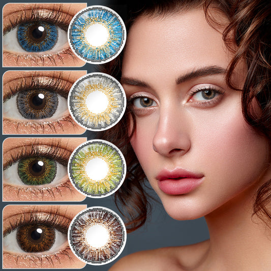 A brown-eyes model showcasing Star natural colored contact lenses, display the eyes effect of pure hazel and Gray with close-up insets highlighting the natural and enhanced eye colors available.