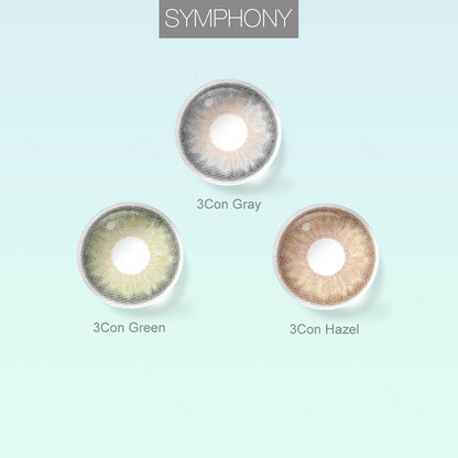 Grid layout of Symphony Colored Contacts in various shades with each lens' color name: 3Con Green, 3Con Gray, 3Con Hazel, on a soft gradient background.