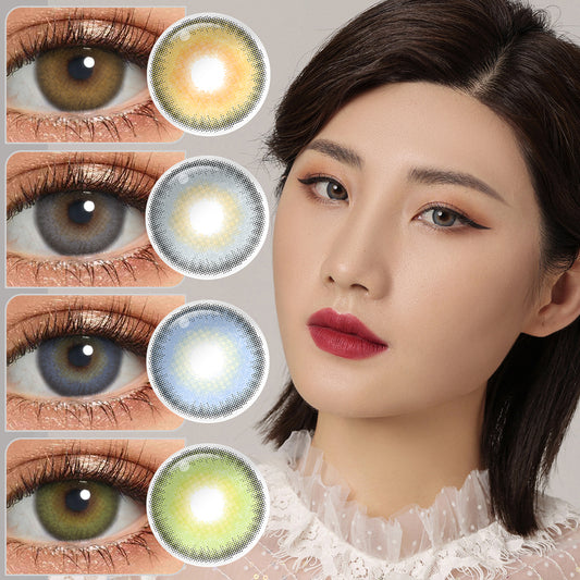 A brown-eyes model showcasing Legend natural colored contact lenses, display the eyes effect of   Honey Brown	,Cool Gray,Marine Blue,Emerald Green with close-up insets highlighting the natural and enhanced eye colors available.
