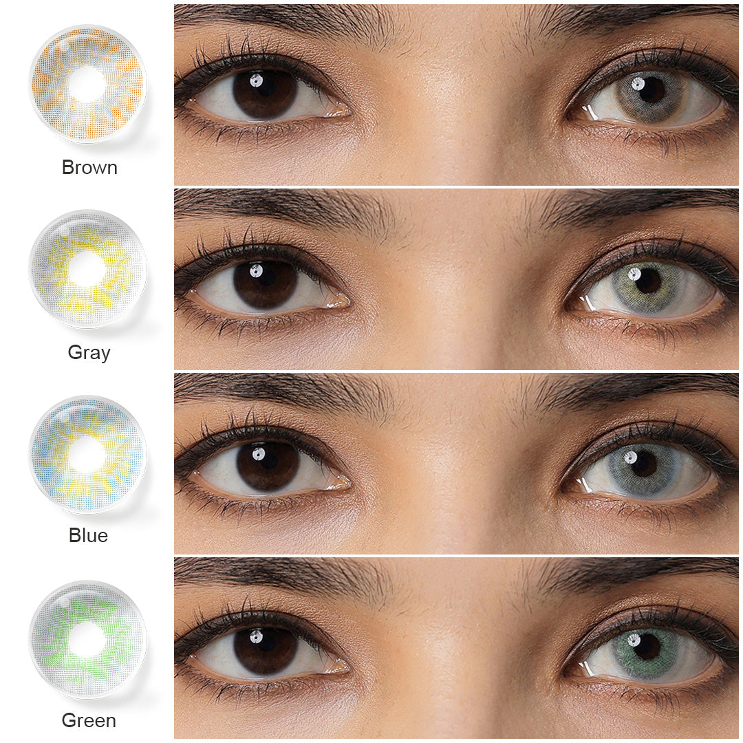 A display of YUKON colored contact lenses in Brown, Gray, Blue and Green, each shown both as a lens swatch and wearing comparison in a close-up of a model's eye , with the color names labeled beneath each image.