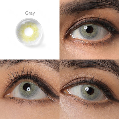 Grid display of 1 shade of YUKON colored contact lenses, labeled Gray, with a close-up view of the lens pattern and the effect on a brown-eyed model in 3 different angel.