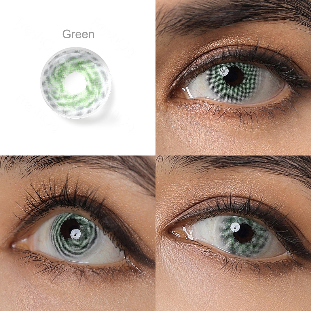 Grid display of 1 shade of YUKON colored contact lenses, labeled Green, with a close-up view of the lens pattern and the effect on a brown-eyed model in 3 different angel.