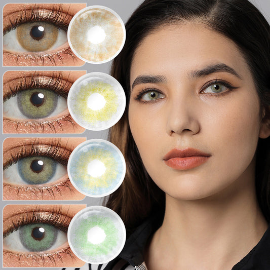 A young lady showcasing YUKON colored contact lenses, with close-up insets highlighting the natural and enhanced eye colors available.