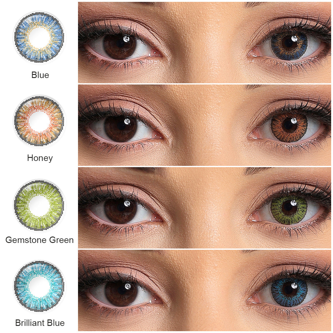 A display of Star colored contact lenses in Blue, Honey, Gemstone Green, and Brilliant Blue, each shown both as a lens swatch and wearing comparison in a close-up of a model's eye , with the color names labeled beneath each image.