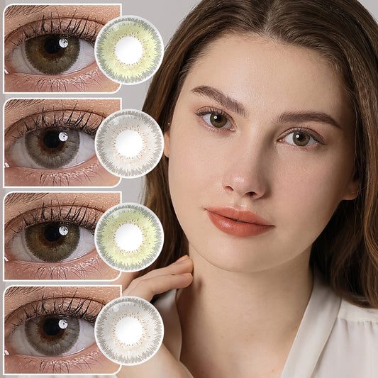 A young lady showcasing BELLALENS series colored contact lenses, with close-up insets highlighting the natural and enhanced eye colors available