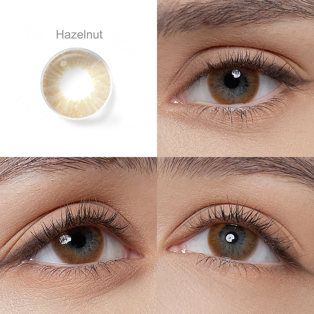 showcase of Hazelnut in model eye wearing 