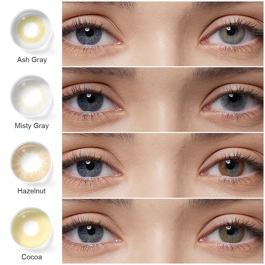 Selection of Barbie colored contact lenses presented in shades of   Misty Gray,Hazelnut, Cocoa Ash Gray, each displayed with an eye close-up showing the lens effect on the iris, and a swatch of the lens design next to the color name. 