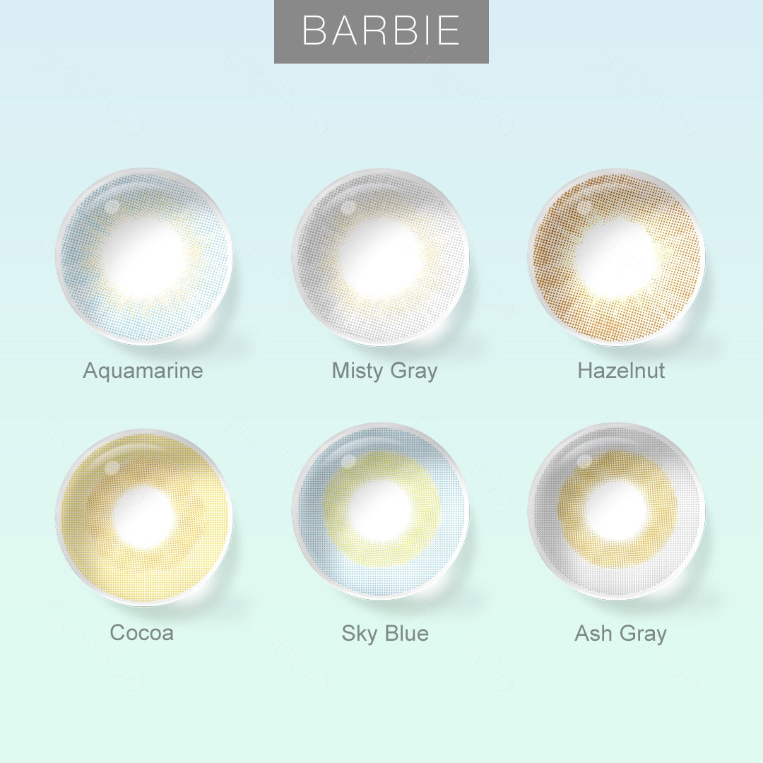 Grid layout of Barbie colored contact lenses in various shades with each lens' color name: Aquamarine, Misty Gray,Hazelnut, Cocoa, Sky Blue, Ash Gray  on a soft gradient background.