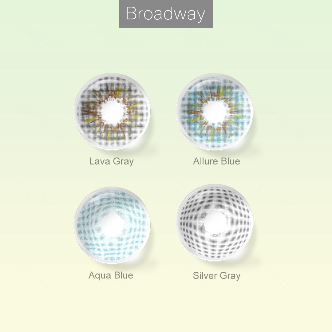Array of Broadway contact lenses in a white case, showcasing four colors: Lava Gray, Allure Blue, Aqua Blue, Silver Gray. Each lens is labeled with its color name beneath the case.