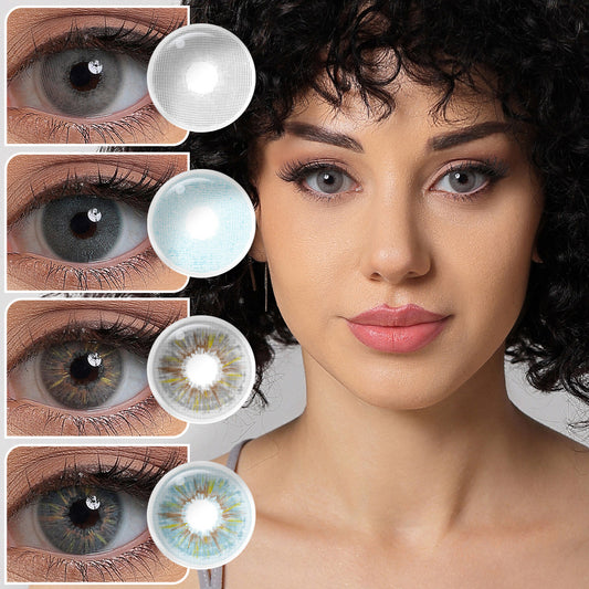A young lady showcasing Broadway colored contact lenses, with close-up insets highlighting the natural and enhanced eye colors available 