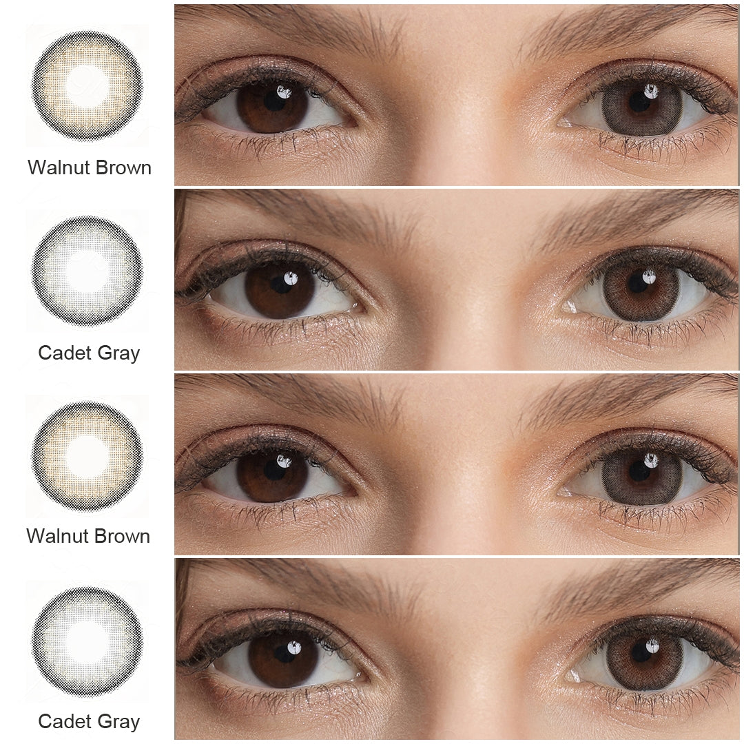 Grid display of 2 shades of Bunny colored contacts, showing a variety of shades including Walnut Brown, Cadet Gray,each paired with a close-up view of the lens pattern and the effect on a brown-eyed model.