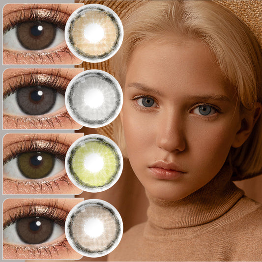 A young lady showcasing Canna Roze colored contact lenses, with close-up insets highlighting the natural and enhanced eye colors available.