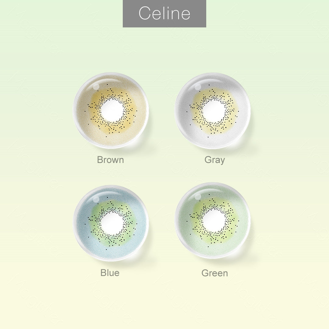 Grid layout of Celine colored contacts in various shades with each lens' color name: Brown，Gray, Blue, Green, on a soft gradient background.