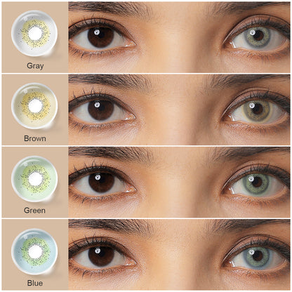 A display of Celine colored contacts in Brown，Gray, Blue, Green, each shown both as a lens swatch and wearing comparison in a close-up of a model's eye , with the color names labeled beneath each image.