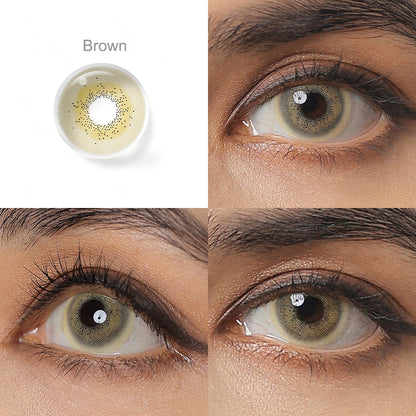 Showcase of one Celine colored contacts in natural eye settings, labeled Brown, demonstrating the transformative effect from 3 sides on the wearer's eye color.
