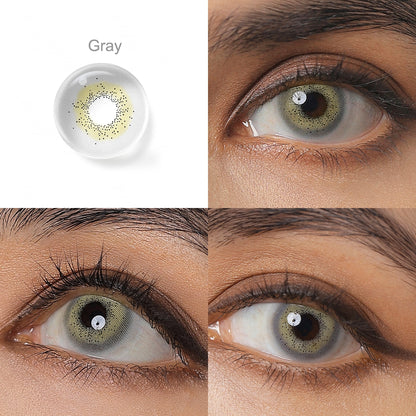 Showcase of one Celine colored contacts in natural eye settings, labeled Gray, demonstrating the transformative effect from 3 sides on the wearer's eye color.