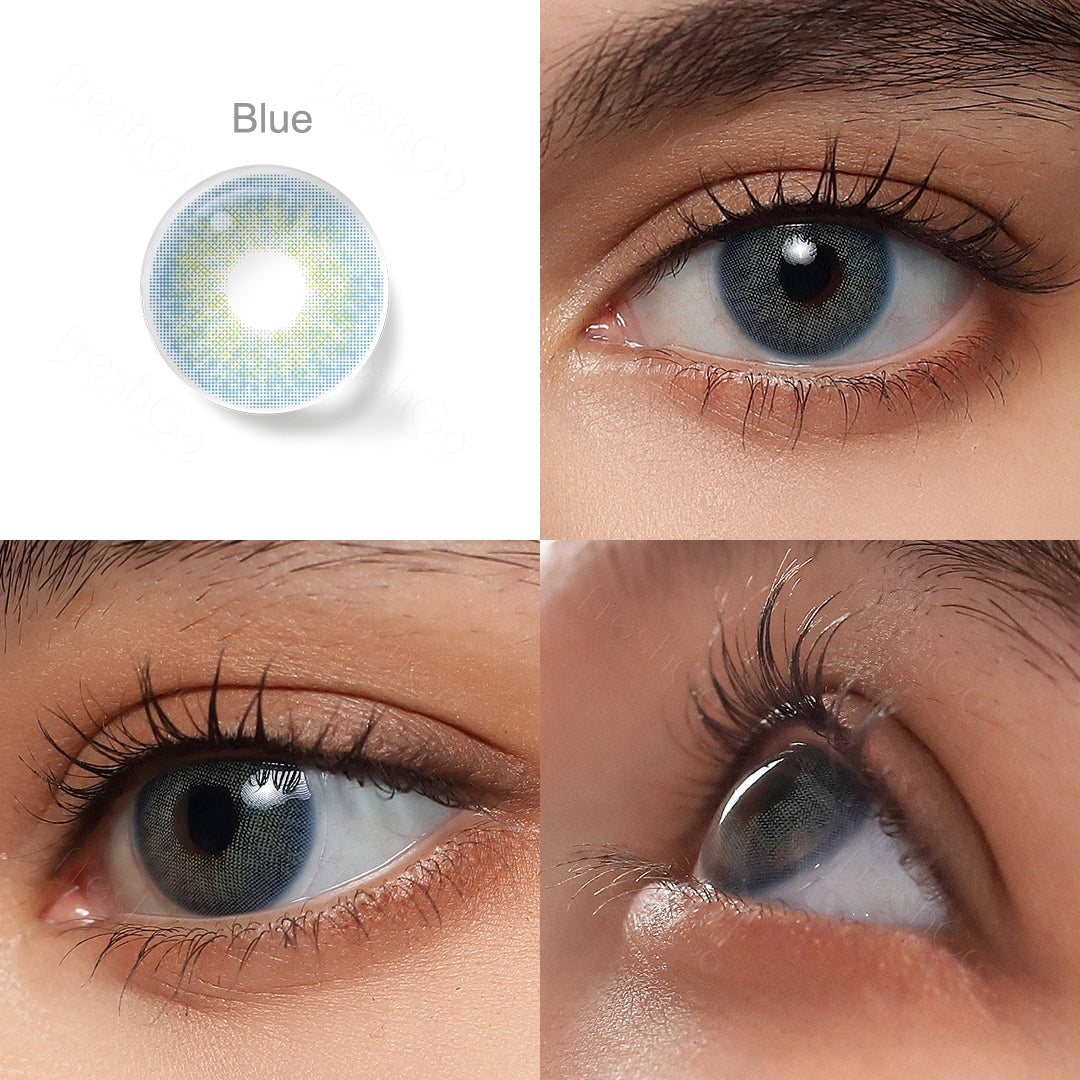 Grid display of 1 shade of Cloud colored contact lenses, labeled blue, with a close-up view of the lens pattern and the effect on a brown-eyed model in 3 different angel.