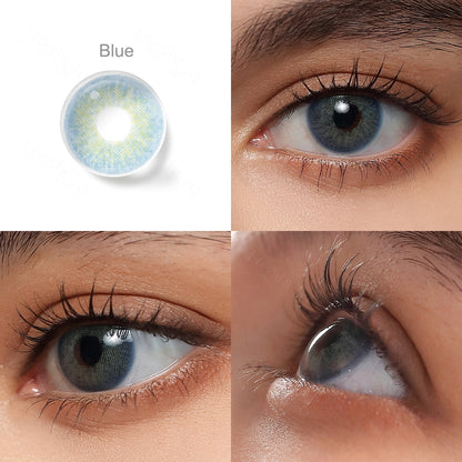 Grid display of 1 shade of Cloud colored contact lenses, labeled blue, with a close-up view of the lens pattern and the effect on a brown-eyed model in 3 different angel.