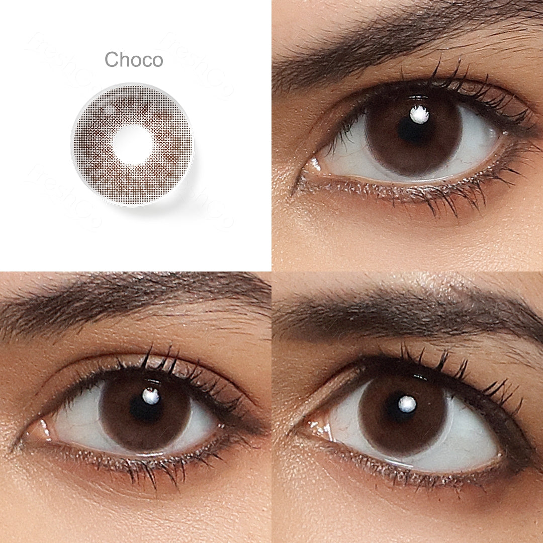Grid display of 1 shade of Cloud colored contact lenses, labeled Choco , with a close-up view of the lens pattern and the effect on a brown-eyed model in 3 different angel.