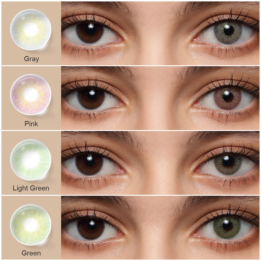 A display of Cloud Colored Contacts in Gray, Pink, Light Green, Green, each shown both as a lens swatch and wearing comparison in a close-up of a model's eye , with the color names labeled beneath each image.