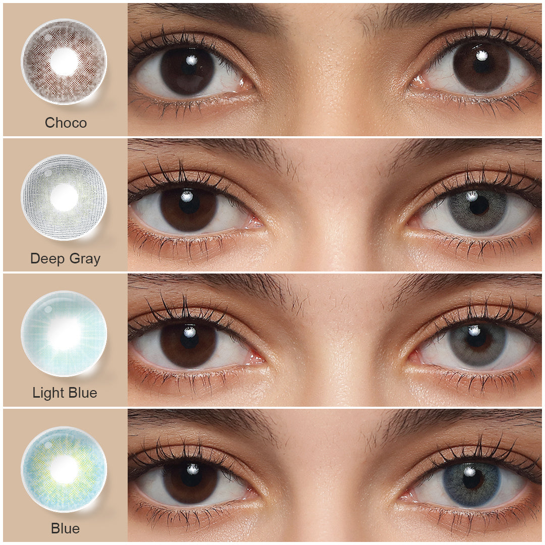 A display of Cloud Colored Contacts in Choco, Deep Gray, Violet, Brown, each shown both as a lens swatch and wearing comparison in a close-up of a model's eye , with the color names labeled beneath each image.