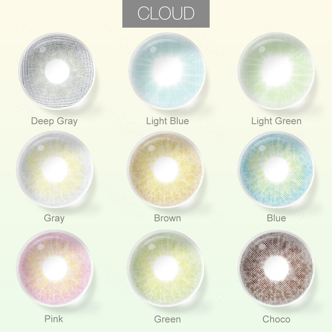 Grid layout of Cloud Colored Contacts in various shades with each lens' color name: Deep Gray, Light Blue, Light Green, Gray, Brown, Blue, Pink, Green, Choco, on a soft gradient background.