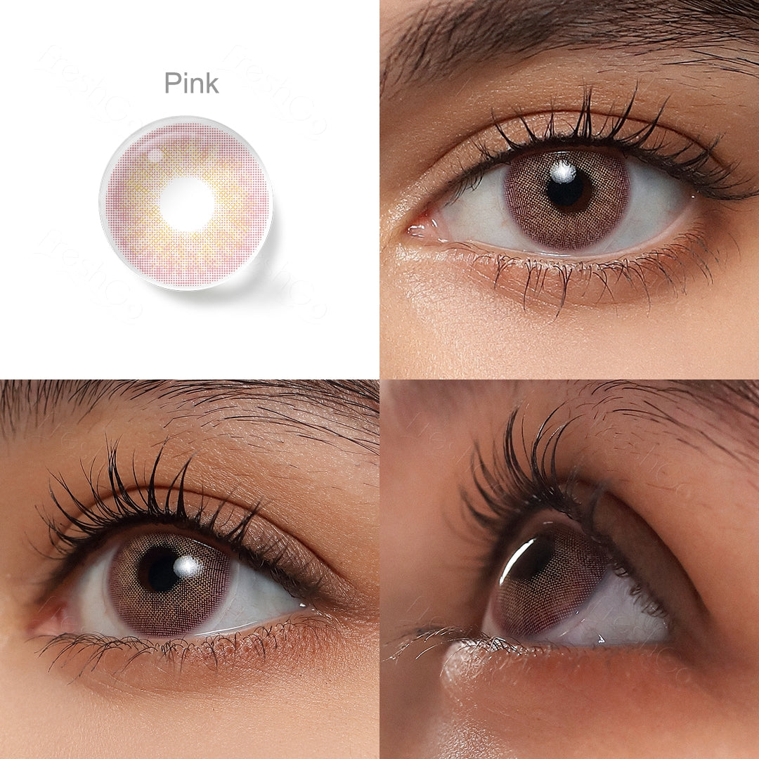 Grid display of 1 shade of Cloud colored contact lenses, labeled pink , with a close-up view of the lens pattern and the effect on a brown-eyed model in 3 different angel.