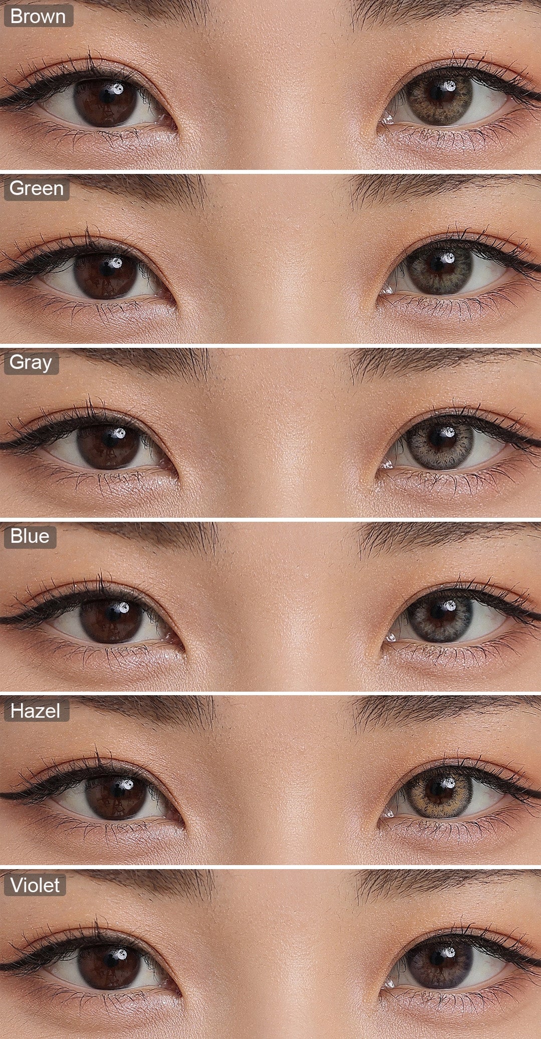 A display of Gleam colored contact lenses in Brown, Green, Violet, Blue, Hazel and Gray, each shown both as a lens swatch and wearing comparison in a close-up of a model's eye , with the color names labeled.